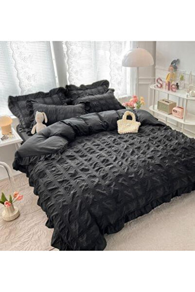 JOJO Set Bed Linen for 2 Persons Cotton Finet Creponated Uni with Ruffles, 6 ...