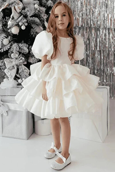 miço kids Girl's Ecru Layered Flounce Princess Evening Dress