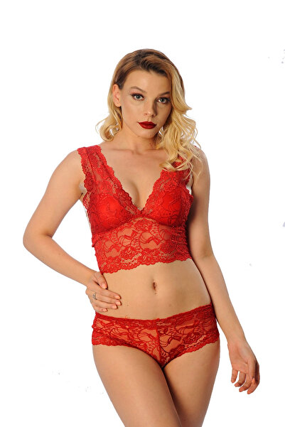 mtm My The Mall Giyim Red Bralet Lace Bra Set 2-Piece - 6255