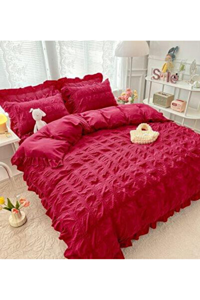 JOJO Set Bed Linen for 2 Persons Cotton Finet Creponated Uni with Ruffles, 6 ...