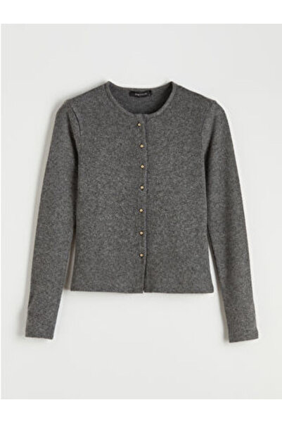 LC Waikiki Anthracite Crew Neck Women's Cardigan