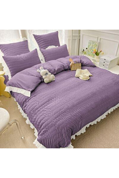 JOJO Set Bed Linen for 2 Persons Cotton Finet Creponated Uni with Ruffles, 6 ...
