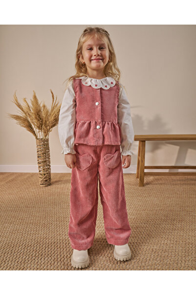 NOBLEKIDS طقم علوي وسفلي للفتيات مكون من قماش مجدّل قطع مخملية بتفاصيل جيب عل...