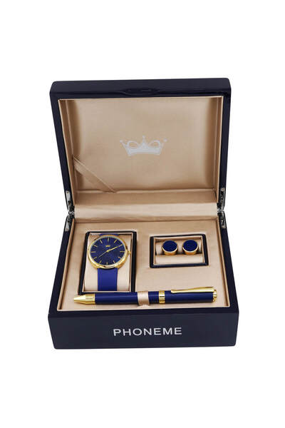 phoneme Watch, cufflinks, and pen set in blue and gold