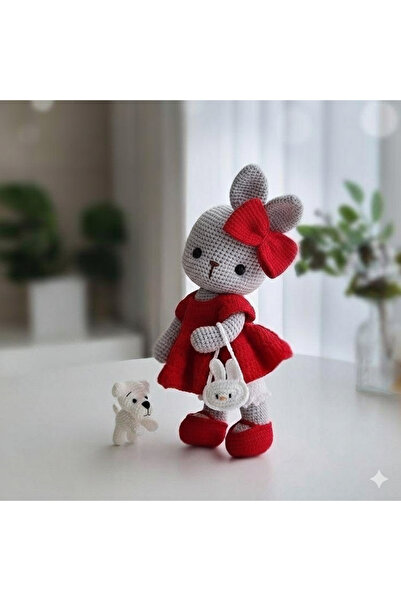 elizi dünyası Kırmızı Fiyonklu El Yapımı Örgü Tavşan