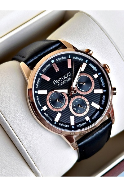 Ferrucci Functional Black-Copper Color Leather Cord Men's Wristwatch