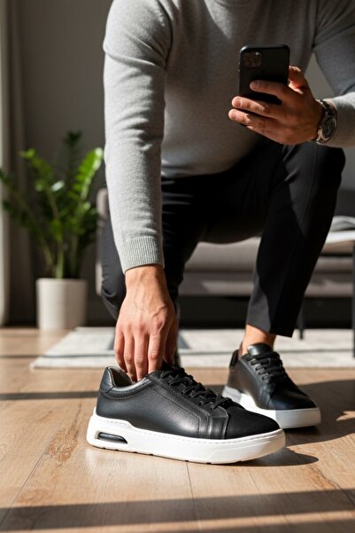 enoch حذاء رياضي رجالي من إينوخ مصنوع من الجلد الطبيعي مع نعل مدعم وأربطة