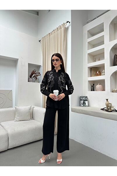 MİA NOURA Women's Shirt with Beaded Embroidery on Front and Sleeves, Pants an...