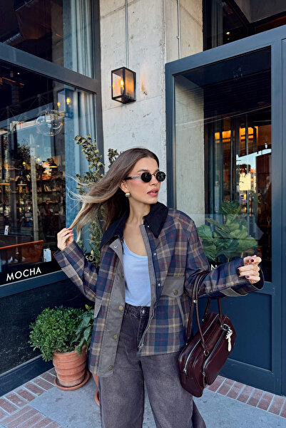 SOSO EXCLUSİVE Haki Lacivert Ekoseli Astarlı Kadife Yaka Ceket