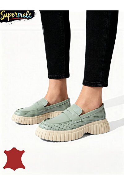 ANGEL BLUE Women's lined loafers made of natural leather with thick soles