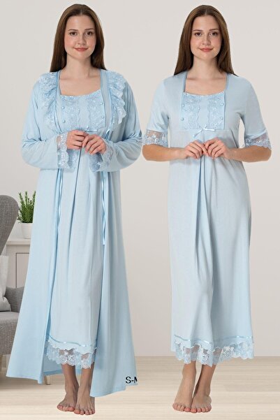 ByLohusa Effortt Maternity Maternity Nightgown Set with Blue Dressing Gown