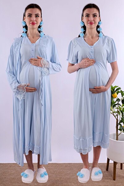 ByLohusa Effortt Maternity Maternity Nightgown Set with Blue Dressing Gown