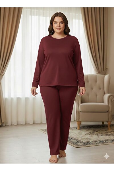 FAMESTEKSTİL Two-Thread Plus Size Burgundy Tracksuit Set