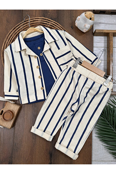 Bolly Baby سترة مخططة بأزرار أمامية من سفاري حياكة مضلعة بادي، طقم من 3 قطع ل...