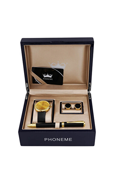 phoneme طقم ساعة و كبك و قلم أسود ذهبي