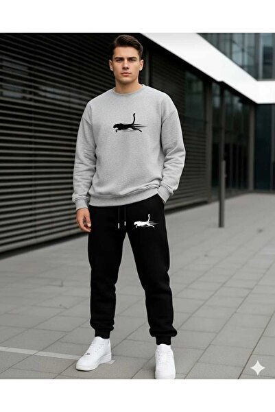 YK WEAR طقم قطني برقبة دائرية مطبوع عليه نقشة النمر للرجال/النساء