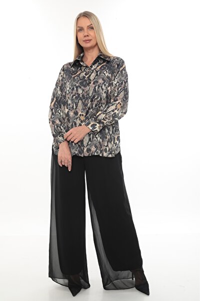 Javelin Collection Shirt Collar Satin Patterned Mink Pton Khaki Bluz