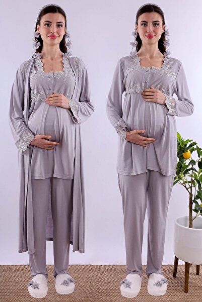 ByLohusa Effortt Gray Long Robe Maternity Pajama Set