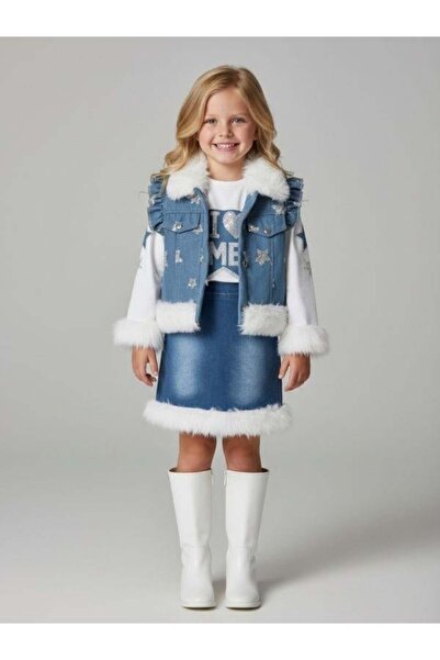 Zekids Κοριτσίστικο Γούνινο Λεπτομερές Τζιν Γιλέκο Μπλούζα Φούστα Σετ Τριών Τ...