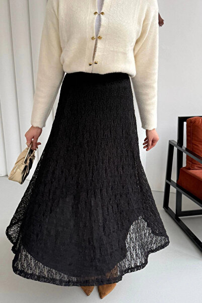 DEFNECE BUTİK Elastic Waist Guipure Skirt - Black