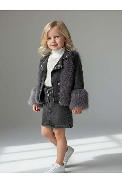 Zekids Σετ για κορίτσια: Γούνινο τζιν μπουφάν, μπλούζα και φούστα