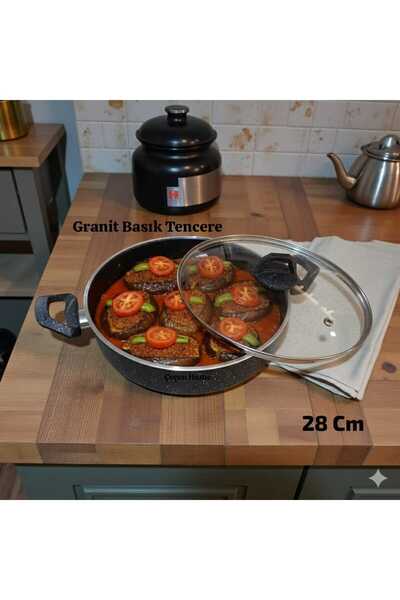 ÇEÇEN HOME Cam Kapaklı Granit Basık Tencere Karnıyarık Tenceresi, Pilav Tence...