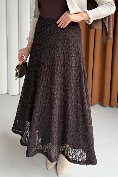 DEFNECE BUTİK Elastic Waist Guipure Skirt - Brown