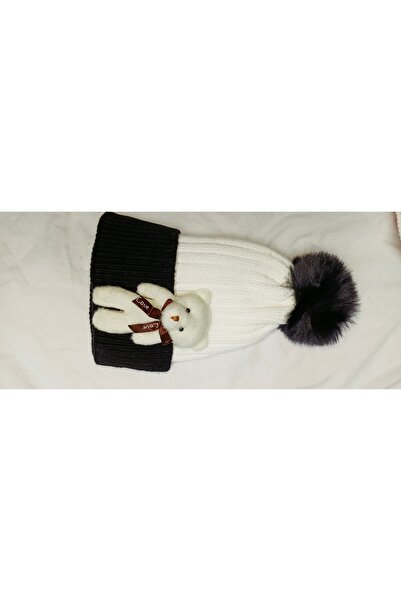 Recos Double Color Beanie with Pompom and Plush Teddy Bear