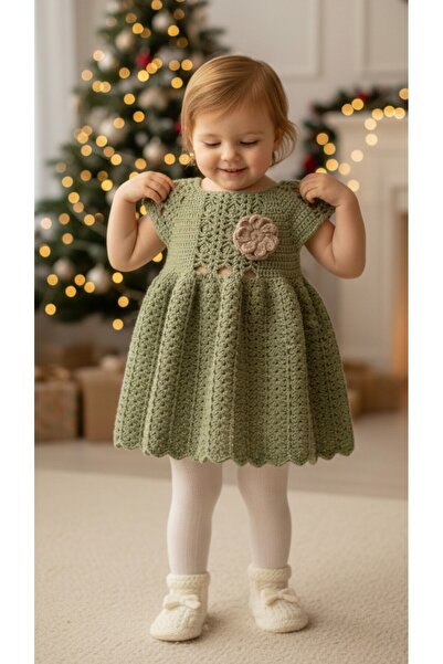 Butik KIZ ÇOCUK YEŞİL RENK KISA KOLLU EL ÖRGÜSÜ ELBİSE
