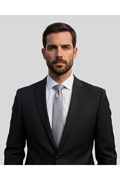 KUMOVO Square Patterned Gray Satin Silk Tie – 7.5 cm Width