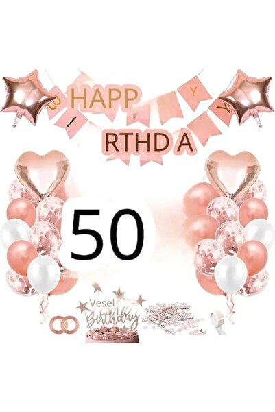 Yisky 50th Anniversary Decorations Set Rose Gold, Balloons, Cake Topper