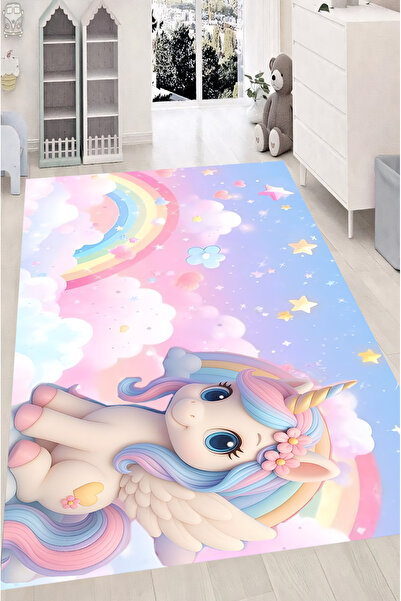 Reyhani Unicorm Desenli Kaymaz Taban Makinede Yıkanabilir Çocuk Gamıng Halısı...