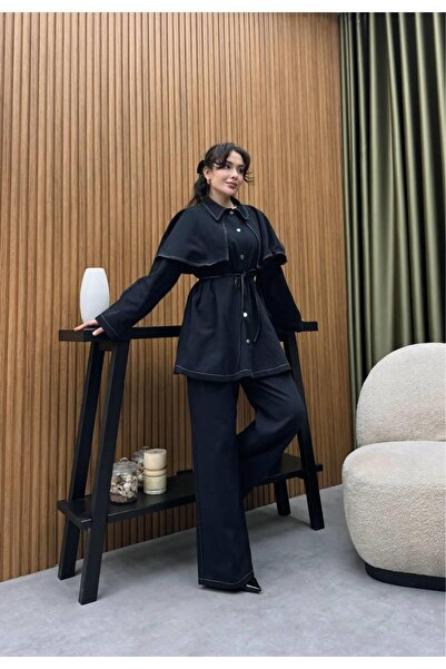 Cardella Flounced Collar Gabardine Double Suit – with Elastic Waist Pants, Hi...