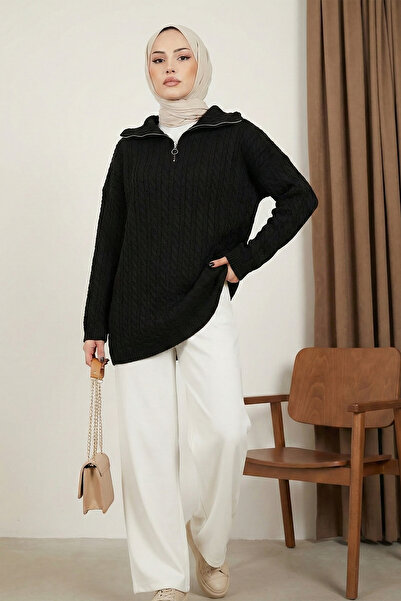 MODAQU Zippered Knitted Knitwear Tunic - Black