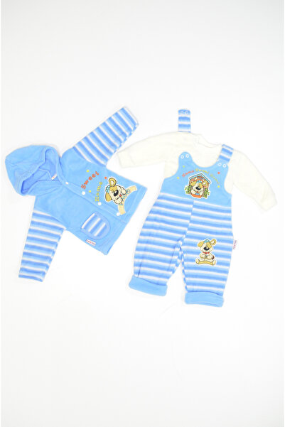 Baby Slon Kids Clup Kışlık polar üçlü köpek nakışlı çıtçıt kapamalı kapüşonlu...