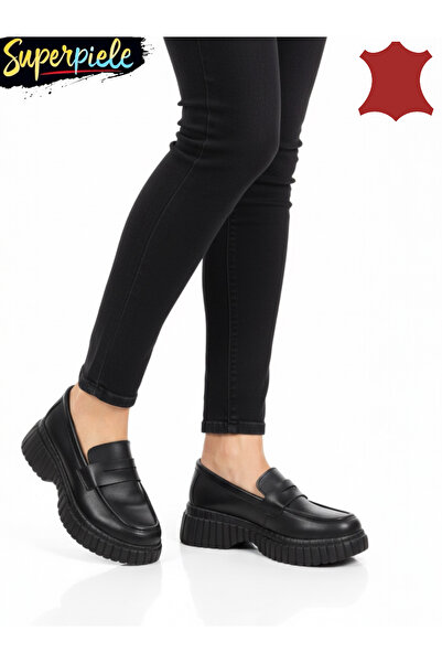 ANGEL BLUE Women's lined loafers made of natural leather with thick soles