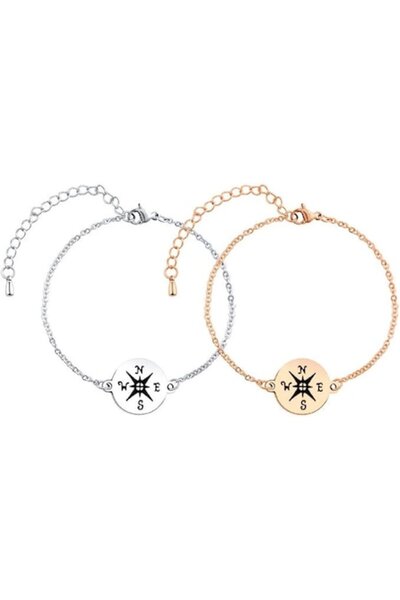 Cheerslife Set of 2 Couple Bracelets, Compass, Stainless Steel, Silver/Rose G...