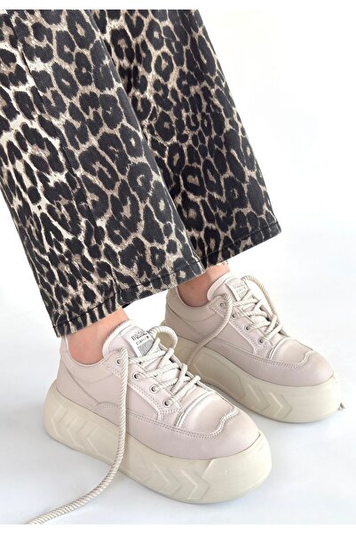 FRESCO SCARFS Emwa Beige Leather Lace-Up Sneakers