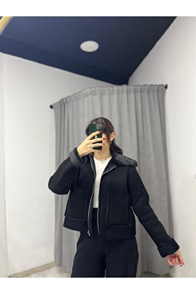 Store Siyah Kürk Yakalı Fermuarlı Ceket