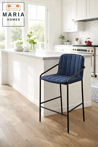 MARIA HOMES Deep Blue Upholstered Bar Stool with Black Metal Frame – Modern C...