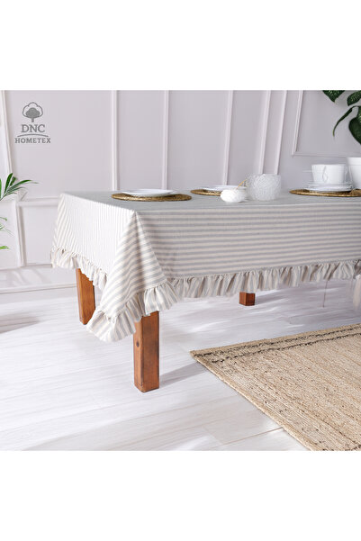 DNC HOMETEX مفرش طاولة مخطط باللون الرمادي من الكتان مع كشكشة