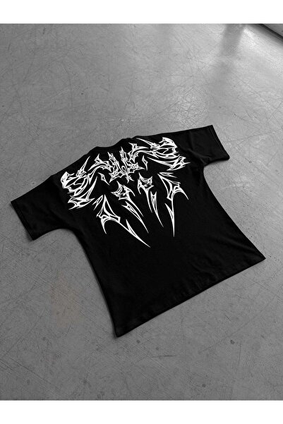 elkumoda Tribal Baskılı Oversize Tişört - Arkası Büyük Grafik Desenli %100 Pa...