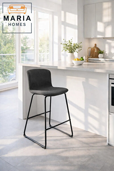MARIA HOMES Grey Upholstered Bar Stool with Black Metal Frame – Modern Counte...