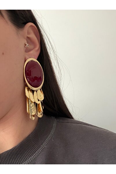 Charmist Steel Gold Detailed Dangling Trim Burgundy Earrings
