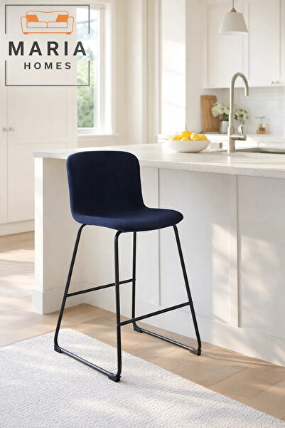 MARIA HOMES Blue Upholstered Bar Stool with Black Metal Frame – Modern Counte...