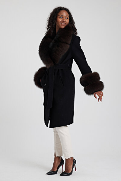 nero leather fur Siyah Kaşe Kurvaze Kadın Trençkot, Yaka ve Kollar Kürk Detay...