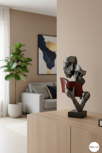 Dekoromi Dekoratif Kitap Okuyan Sevgili Çift Heykeli (37x20cm) Sevgililer Gün...