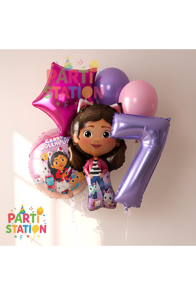 Parti Station Gabby Dollhouse Temalı 7 Yaş Doğum Günü Balon Süsleme Seti