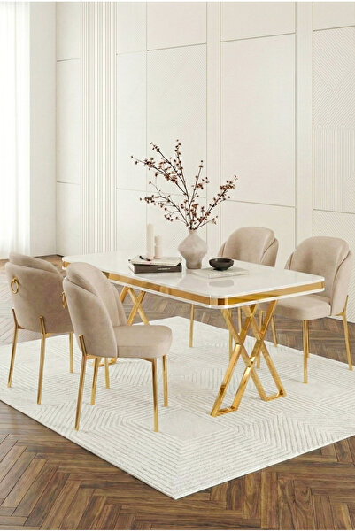 DEREN HOME Rigella Serisi 80x130 Beyaz Sabit Mdf Masa Metal Ayaklı 4 Adet San...