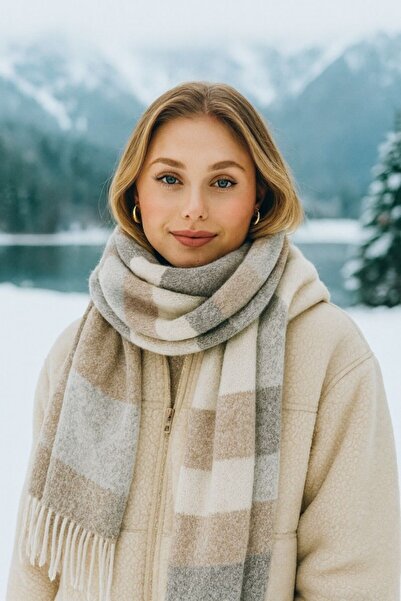 stravis Soft Textured Mixed Striped Lilac - Mink Thick Shoulder Shawl Scarf